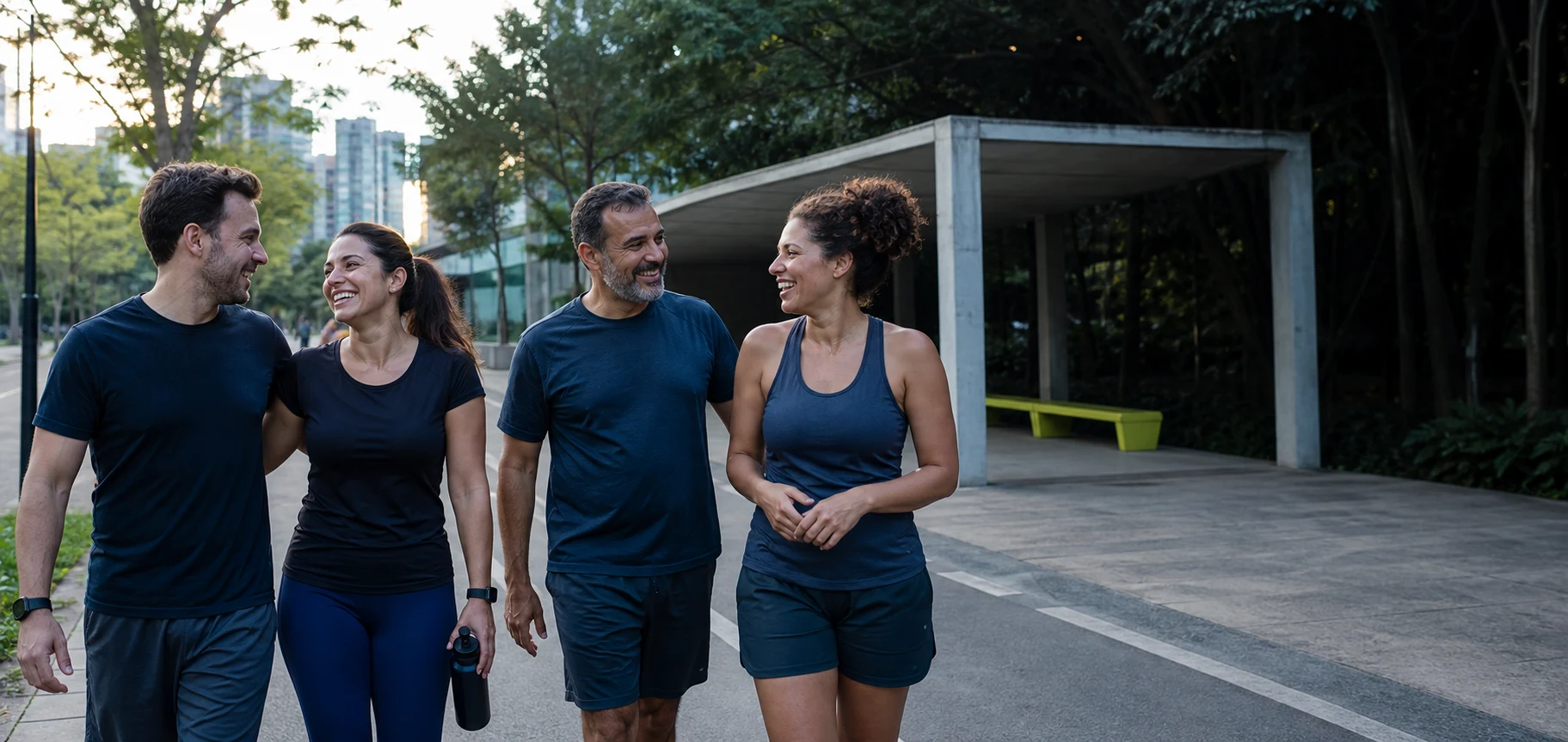 Participantes caminhando juntos em um parque